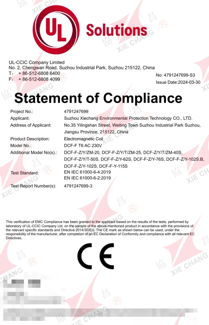 CE muvofiqlik bayonoti — DCF-F solenoid g'altagi (T6, AC 230V)