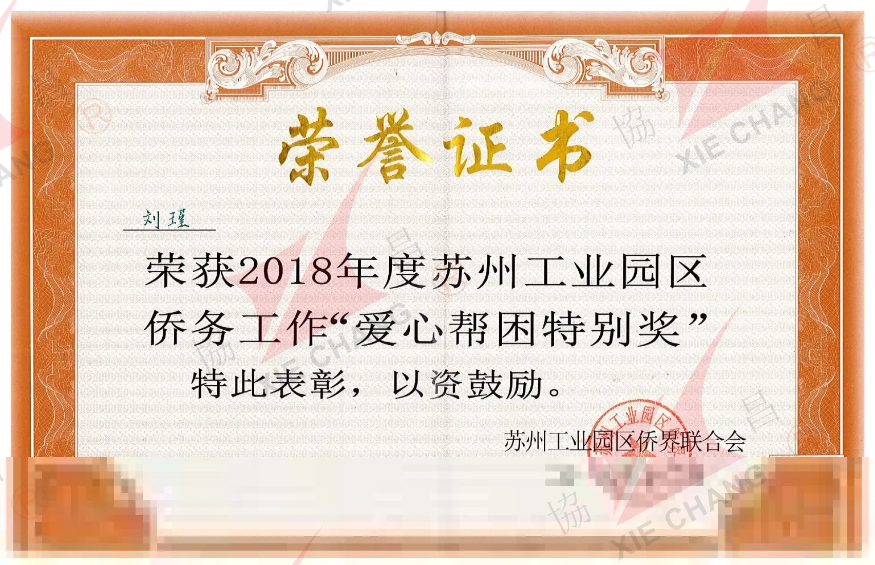 Xayriya yordami uchun maxsus mukofot (2018) — Suzhou Sanoat Bog'i Xorijdagi Xitoyliklar Federatsiyasi