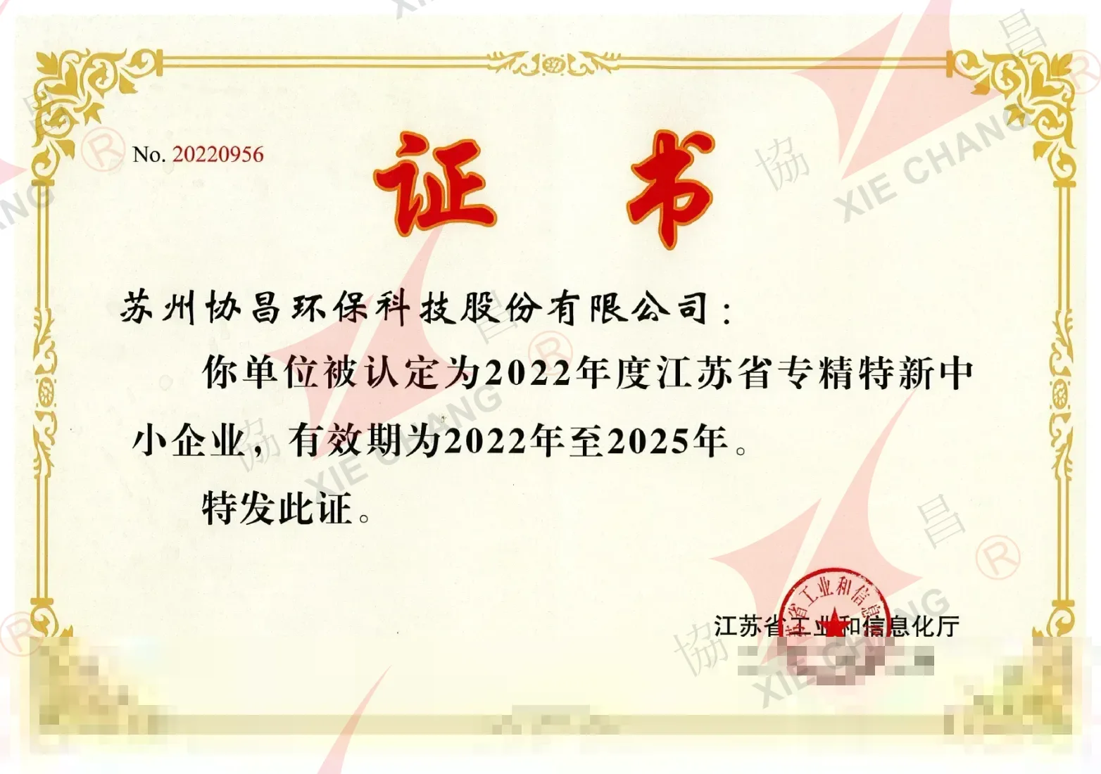 Jiangsu Viloyati Ixtisoslashgan va Innovatsion ('Zhuan-Jing-Te-Xin') Kichik va O'rta Korxona sertifikati (2022-2025)